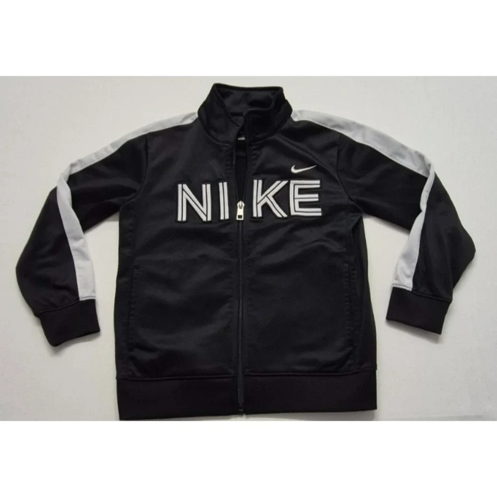 Nike boys black fully zip track jacket white logo & strips‎ on arms sz 6